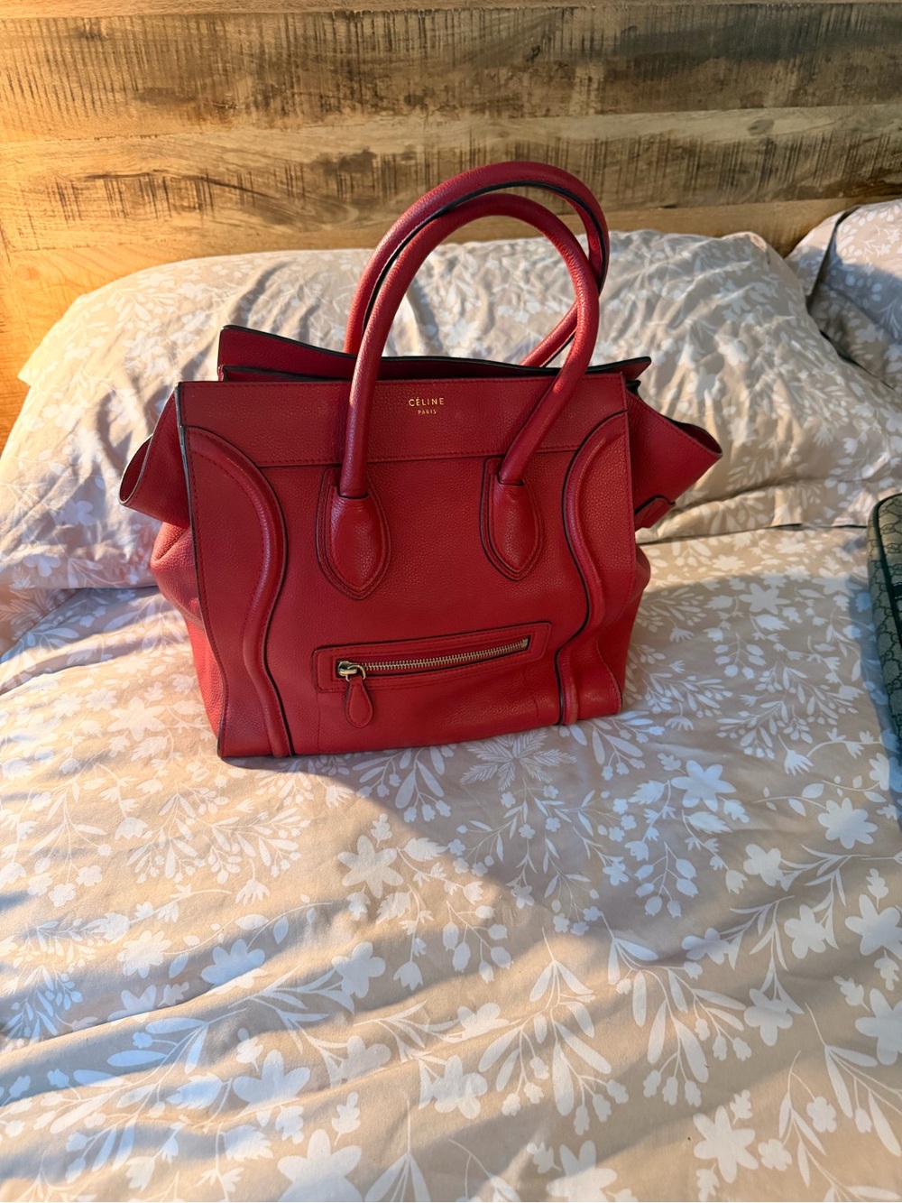 Celine Red Pebbled Leather Satchel with Gold Hardware